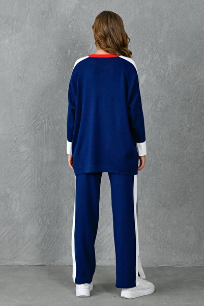 bayansepeti Navy Blue Striped Stretchy Knitwear - Oversize Sweater and Pants Set 1030