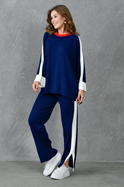 bayansepeti Navy Blue Striped Stretchy Knitwear - Oversize Sweater and Pants Set 1030