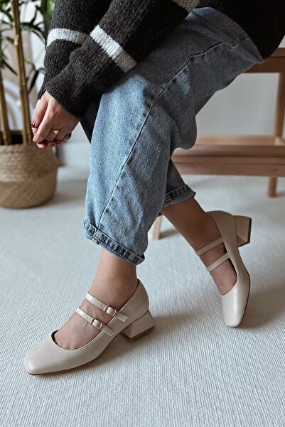 POLKA STORE Women's Mary Jane Beige Matte Leather Back Closed Double Band Square Toe Short Block Heeled Shoes with Hard Hat