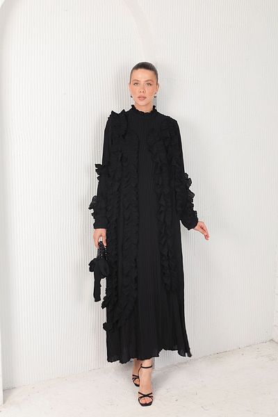 Melike Tatar Pleated Detailed Black Dress - 32-3027
