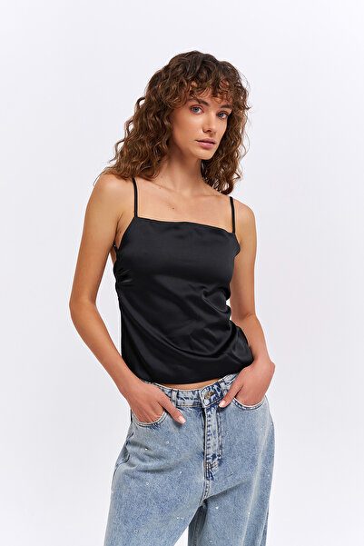 Quzu Satin Black Strappy Blouse - Back Tie Detail