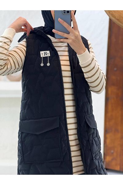 Cardella Long Quilted Puffer Vest - Chain Detail and Hoodie