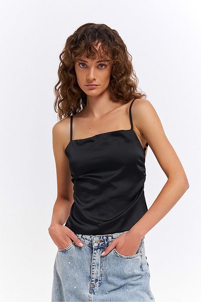 Quzu Satin Black Strappy Blouse - Back Tie Detail