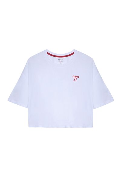 Quzu White Basic T-Shirt - Bow Embroidery Detail