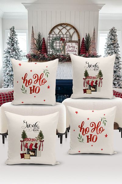 Bertille Home New Year Series - Double Sided Digital Printed 4-Piece Throw Pillow Cover Set (Christmas Christmas Cushion Cover)
