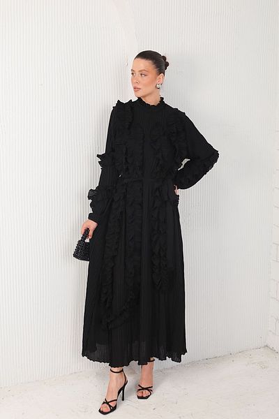 Melike Tatar Pleated Detailed Black Dress - 32-3027