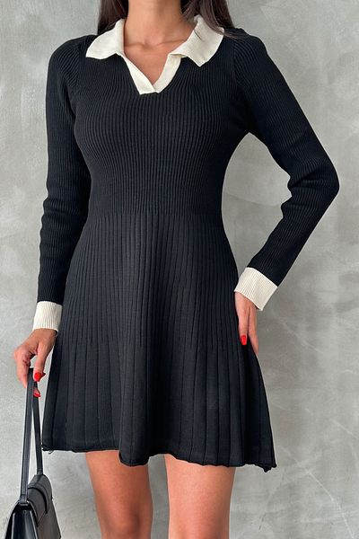 WOMAN VISION Černé pletené šaty s polo výstřihem – dlouhý rukáv, rozšířený střih, pohodlný střih 14169