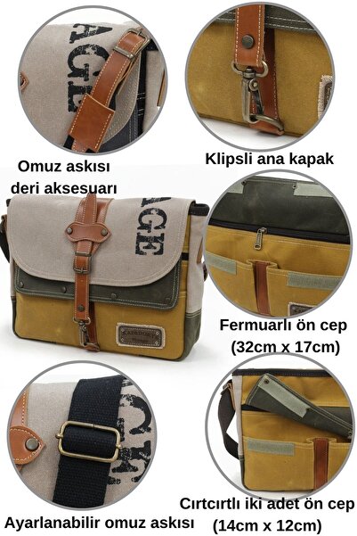 Cappadocia Vintage 4046 Μπεζ Χακί Μουσταρδί Κερωμένη Τσάντα Laptop από καμβά - Αδιάβροχη Τσάντα ώμου Messenger