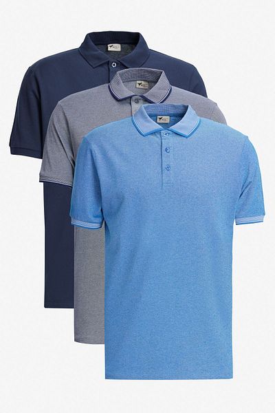 AC&Co / Altınyıldız Classics Set de tricouri din bumbac cu guler polo slim, albastru-marin-sax-marin, 3 piese