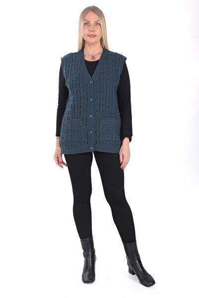 İKSUN Kadın V Yaka Kışlık Kalın Yün Zincir Modelli Triko Düğmeli Cepli Anne Yelek