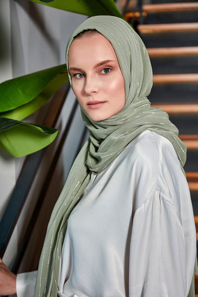 Scarf Gümüş Simli Şifon Şal - Çağla Yeşili -