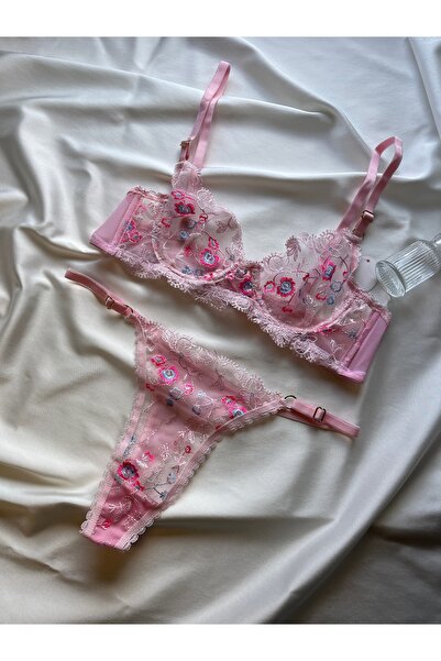 Roche Pembe dantel detaylı Bralet takımı