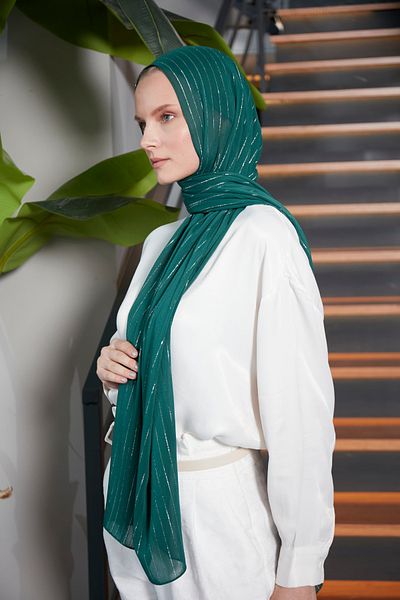 Scarf Σμαραγδένιο Χρώμα Ασημί Glitter Σιφόν Σάλι