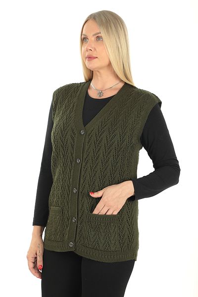 İKSUN V-Neck Knitwear Mother Vest - Thick Wool, Buttoned Pocket
