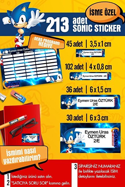 SelisCraft Okul Etiketi SONIC Temalı Özel İsim Yazılabilen Kalem, Defter, Boy...