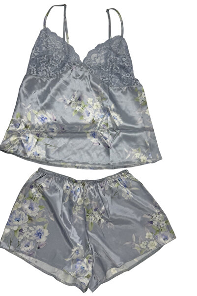 HitDukkan Mıssdore Saten Çiçek Desenli 7 Parça Mavi Gecelik,pijama Takımı