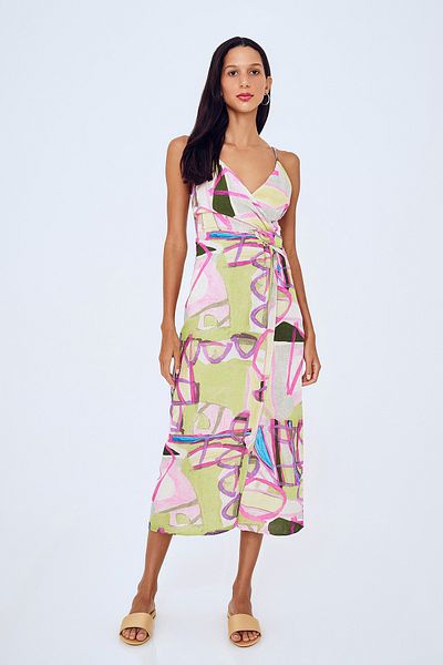 Quzu Green Linen Dress - Patterned Wrap Design