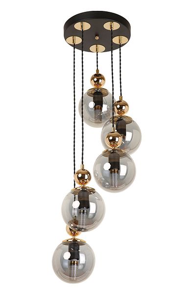 MŞ Aydınlatma Misket 5-Piece Black Gold Smoked Glass Pendant Lamp Chandelier