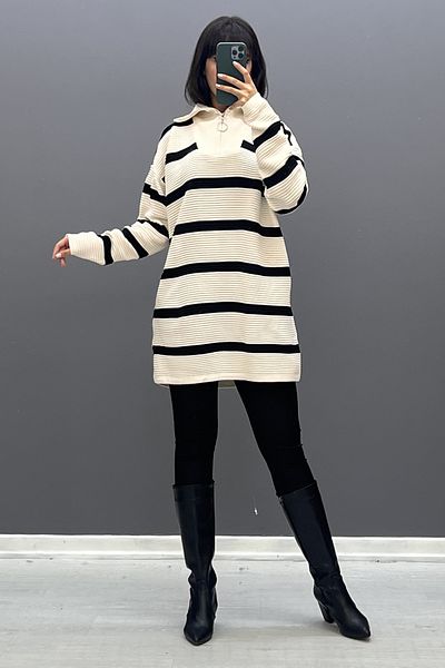Saklı Butik Striped Zipper Collar Knitwear Sweater - Sk-8319