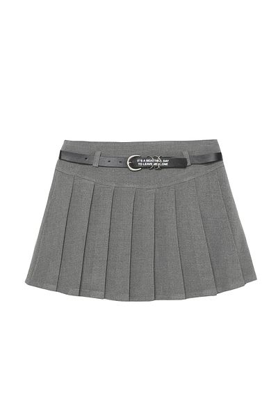 Quzu Gray Mini Pleated Skirt - Belt Detail