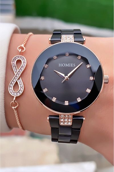 Homies Brand Rose Black Color Waterproof Women's Wristwatch - With Bracelet Gift