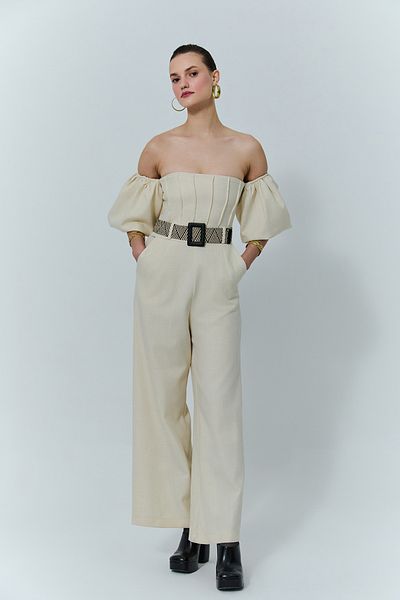 Quzu Balloon Sleeve Belted Long Jumpsuit Natural
