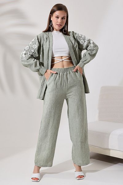 Miss Allos Linen Kimono Jacket and Trousers Set with Embroidery Detail - Women