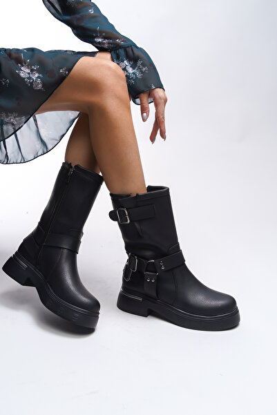 Riccon Černé motorkářské boty Irlukh – texturovaná kůže s detailem přezky 00123330