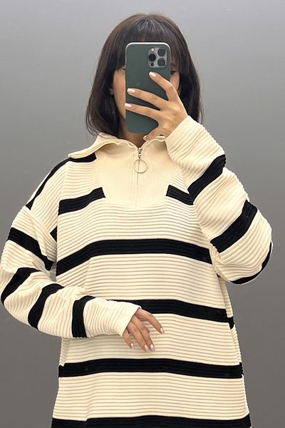 Saklı Butik Striped Zipper Collar Knitwear Sweater - Sk-8319