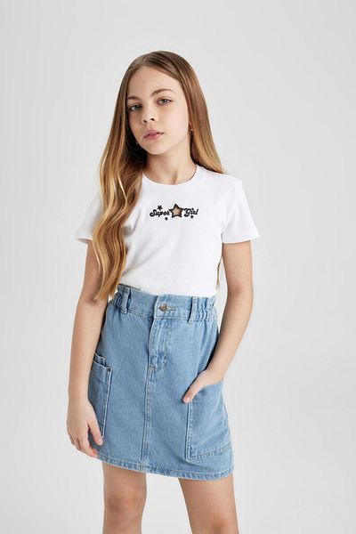 DeFacto Tricou cu mânecă scurtă pentru fete, slim fit, cu decolteu rotund, cu nervuri B6698a824sm