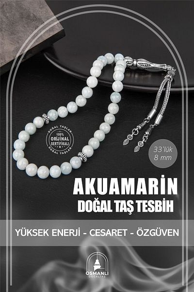 OSMANLI DOĞAL TAŞ Mărgele de rugăciune din piatră naturală acvamarin de 8 mm - 33 buc