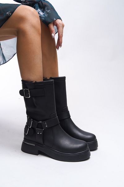 Riccon Irlukh Schwarze Biker-Stiefel – strukturiertes Leder mit Schnallendetail 00123330