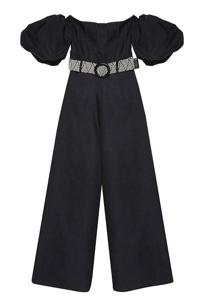 Quzu Black Long Jumpsuit - Balloon Sleeve and Belt Detail