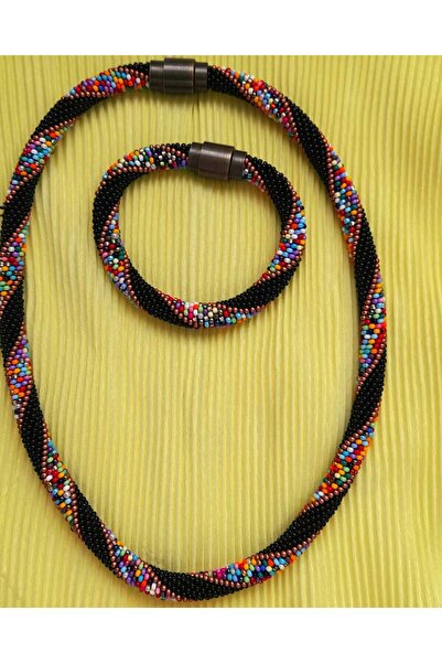 TREND Afrika örgüsü kolye ve bileklik elde örülmüş renkli takım