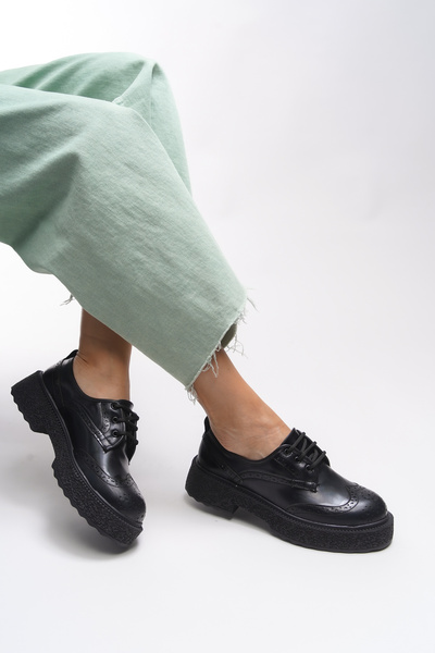 Riccon Kadın Bağcıklı Loafer Mat Siyah Rugan