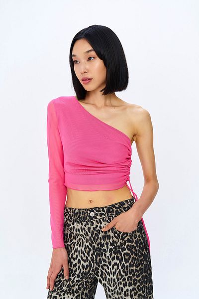 Quzu Neon Pink Single Shoulder Tulle Blouse - Side Gather Detail
