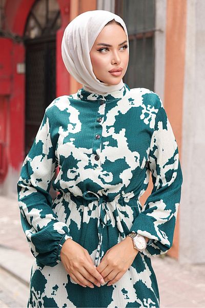 Bestenur Green Gazel Hijab Dress - Half Buttoned, Model 1210