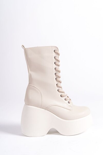 Limeo Krem Cilt Yandan Fermuarlı Bağcıklı Yüksek Dolgu Topuklu Mevsimlik Kadın Uzun Bot Bootie