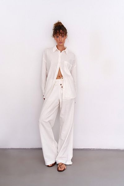 Quzu Linen Palazzo Trousers - Elastic Waist Tie, Natural