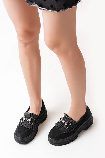 Aymood 749-750 Model Loafer din piele intoarsa neagra cu talpa inalta - Pantofi casual cu catarama