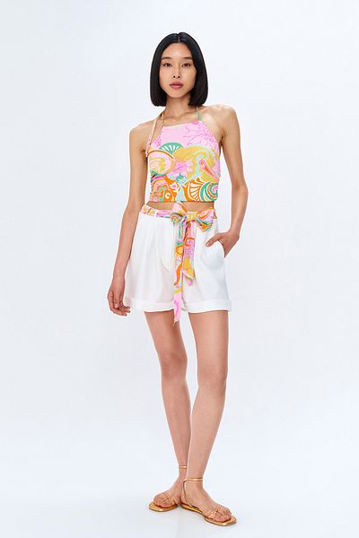 Quzu Ecru Mini Shorts - Colorful and Lacing Detailed, Double Leg