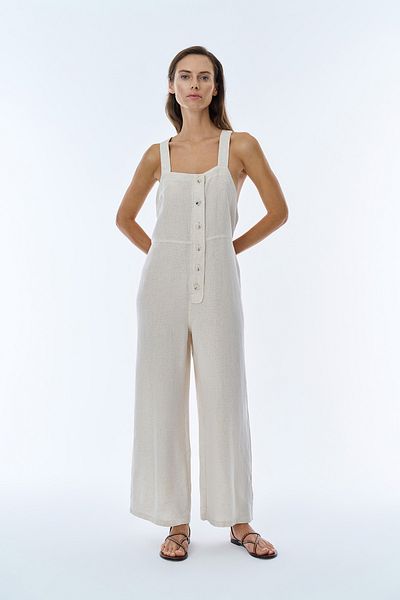 Quzu Natural Linen Long Jumpsuit - Button Accessory