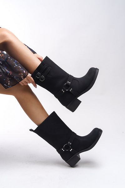 Riccon Galmicca Damen-Bikerstiefel in Schwarz – Schnallendetail, kurz, matt 00123022