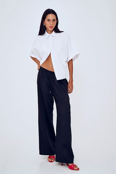 Quzu Black Satin Trousers - Elastic Waist