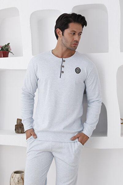ERDENİZ TEKSTİL Men's Pajama Set - Button Collar, Cotton, Long Sleeve, Pocket, Elastic Sleeves and Feet (Autumn-Winter)