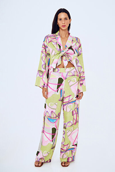 Quzu Green Linen Trousers - Colorful and Pocket Detailed, Wide Leg