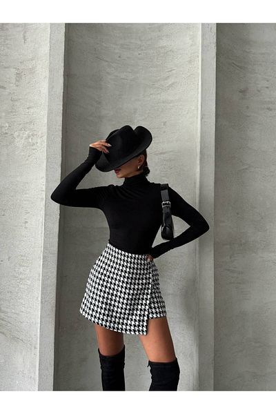 ÇEÇİM Women's Gun Foot Patterned Button Detailed Mini Shorts Coffee Skirt Zyn-58712