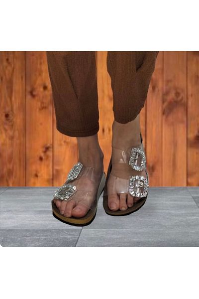 İpek Women's Transparent Stone Cork Sole Slippers