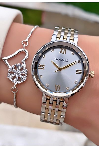 Homies Yellow Silver Colored Waterproof Women's Wristwatch and Bracelet Gift