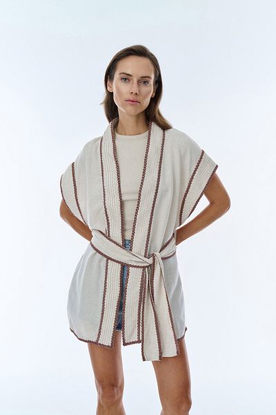 Quzu Natural Linen Kimono - Embroidered Detailed and Tied